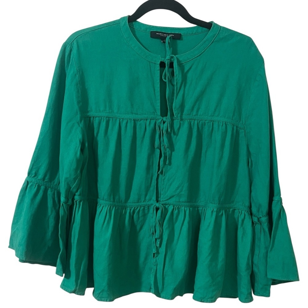 Marc New York Andrew Marc Kelly green linen blend tie front bell sleeve blouse